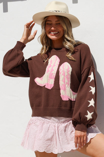 Scoot Jumper - Crew Neck Cowgirl Boot & Star Motif Knit with Balloon Sleeves in Chocolate
