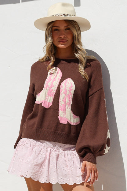 Scoot Jumper - Crew Neck Cowgirl Boot & Star Motif Knit with Balloon Sleeves in Chocolate