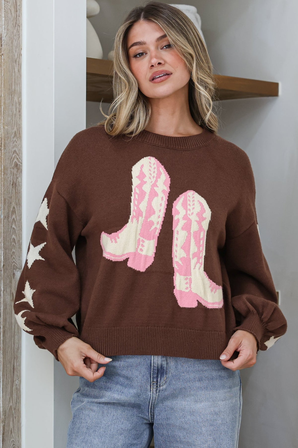 Scoot Jumper - Crew Neck Cowgirl Boot & Star Motif Knit with Balloon Sleeves in Chocolate