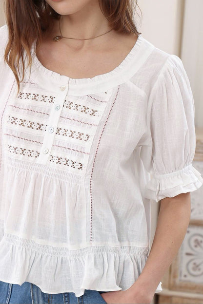 Selma Top - Round Neck Lace Detailed Pull Over Top in White