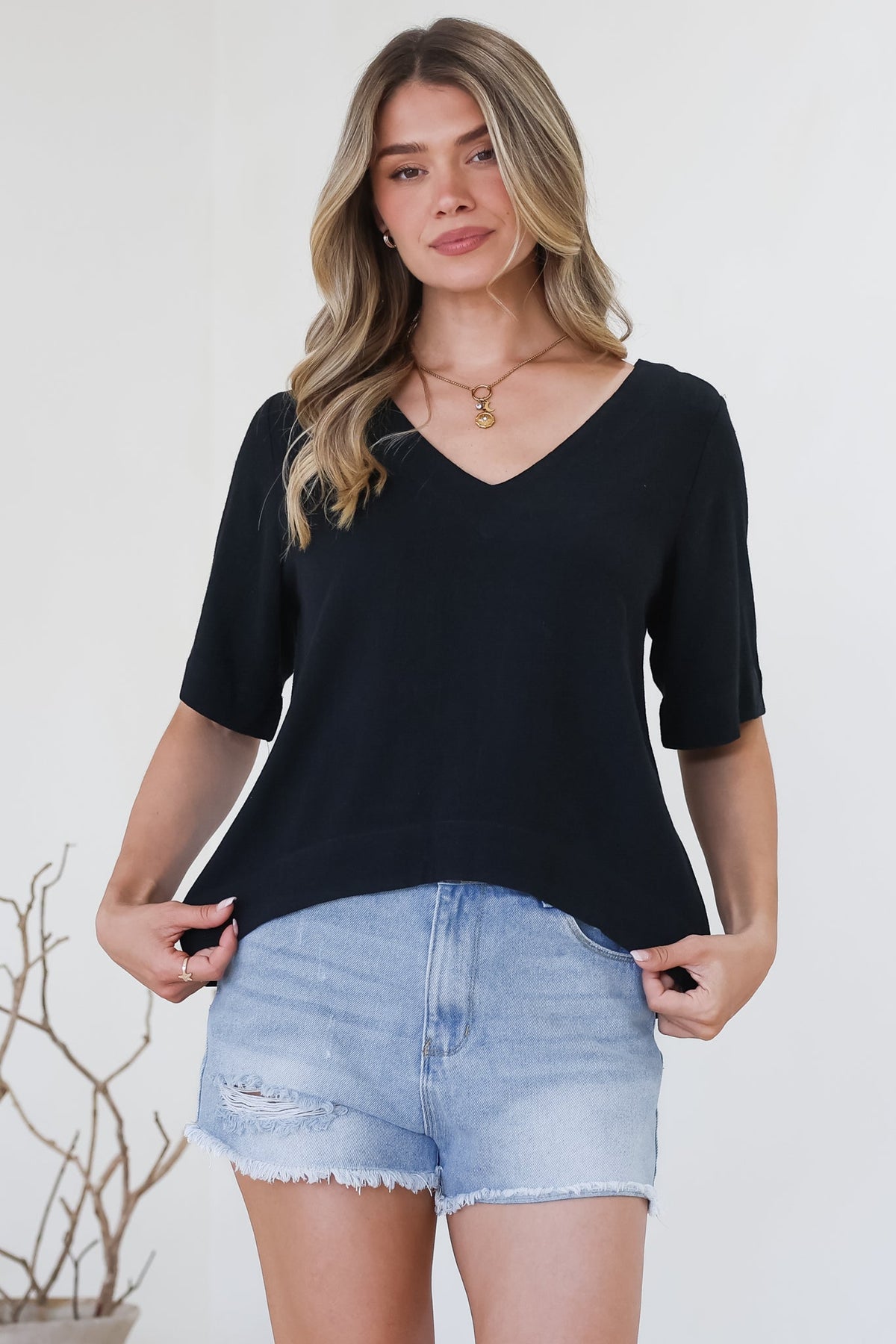 Shandy Top - V-Neck Boxy High Low Top with Short Sleeves in Black