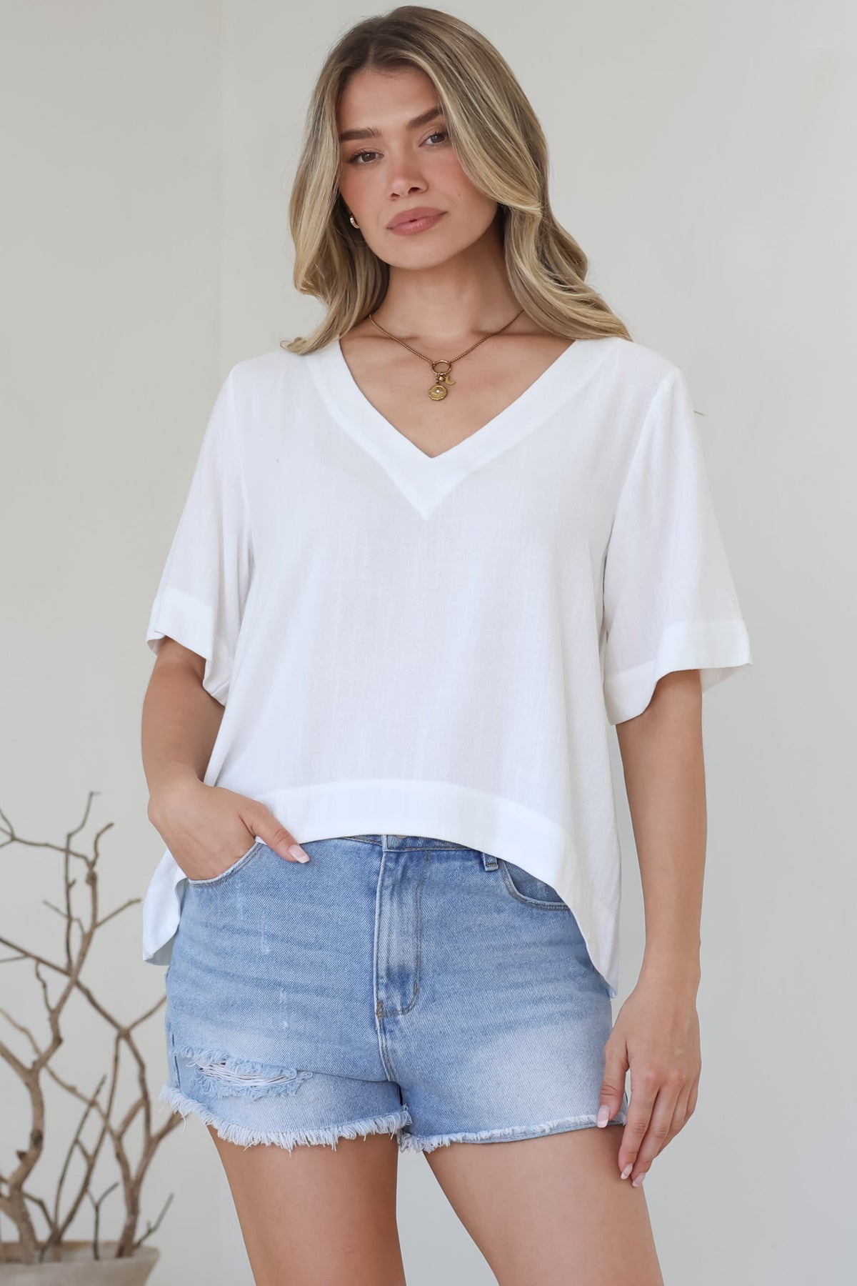 Shandy Top - V-Neck Boxy High Low Top with Short Sleeves in White