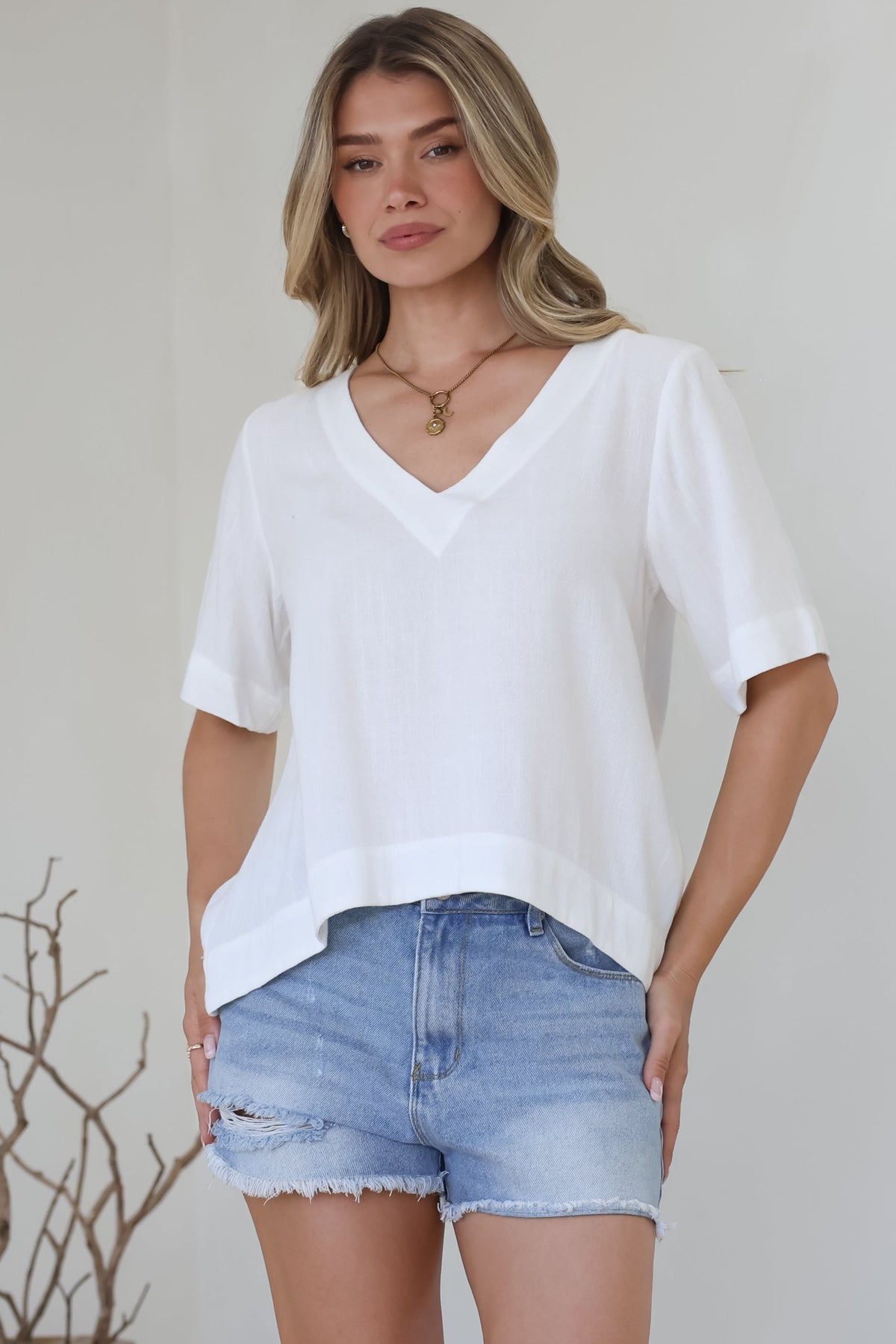 Shandy Top - V-Neck Boxy High Low Top with Short Sleeves in White