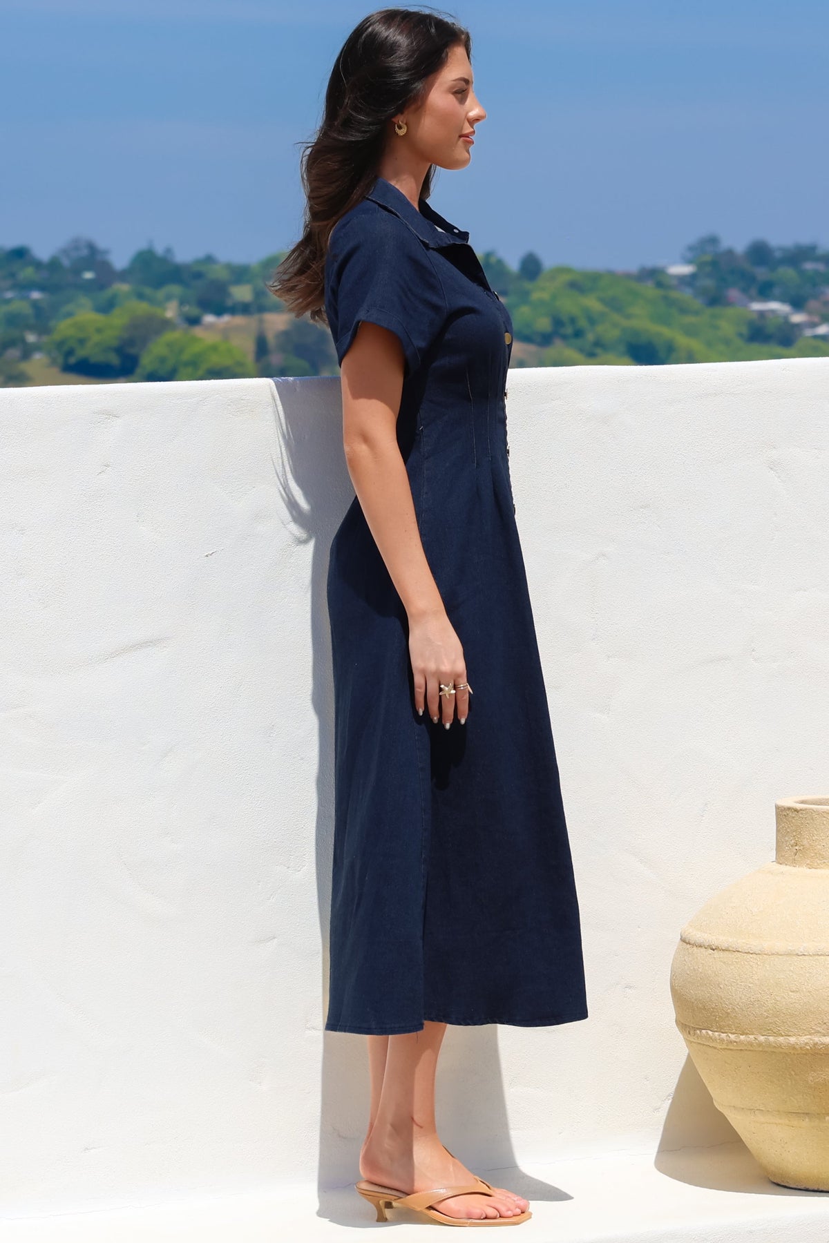 Sharlan Midi Dress - A-Line Button Detailed Denim Dress in Dark Denim
