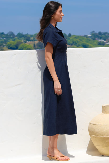 Sharlan Midi Dress - A-Line Button Detailed Denim Dress in Dark Denim
