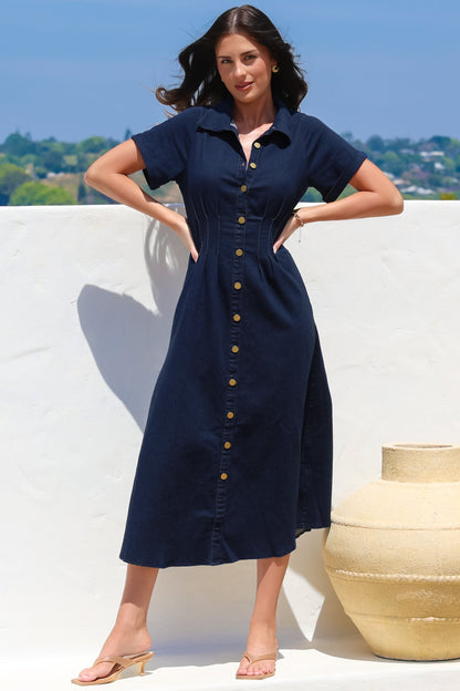 Sharlan Midi Dress - A-Line Button Detailed Denim Dress in Dark Denim