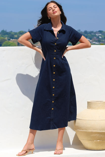 Sharlan Midi Dress - A-Line Button Detailed Denim Dress in Dark Denim