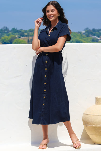 Sharlan Midi Dress - A-Line Button Detailed Denim Dress in Dark Denim