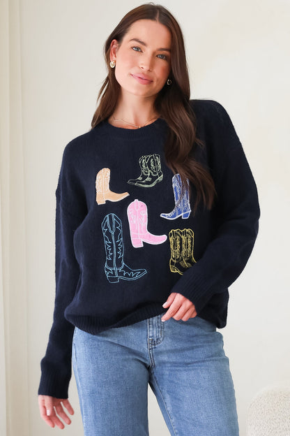 Shelby Jumper - Cowgirl Boot Graphic Long Sleeve Knit in Navy