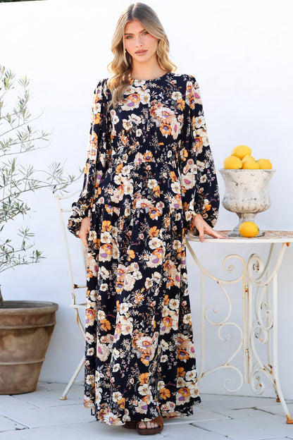 Sheyne Maxi Dress - Long Balloon Sleeve Elasicated Waist A Line Dress in Autumn Print