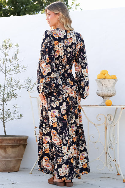 Sheyne Maxi Dress - Long Balloon Sleeve Elasicated Waist A Line Dress in Autumn Print