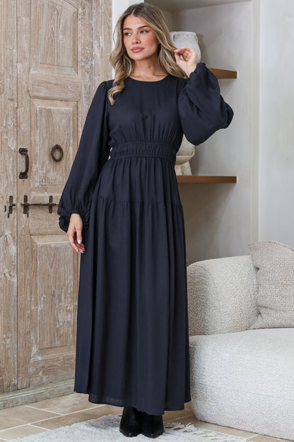 Sheyne Maxi Dress - Long Balloon Sleeve Elasicated Waist A Line Dress in Navy