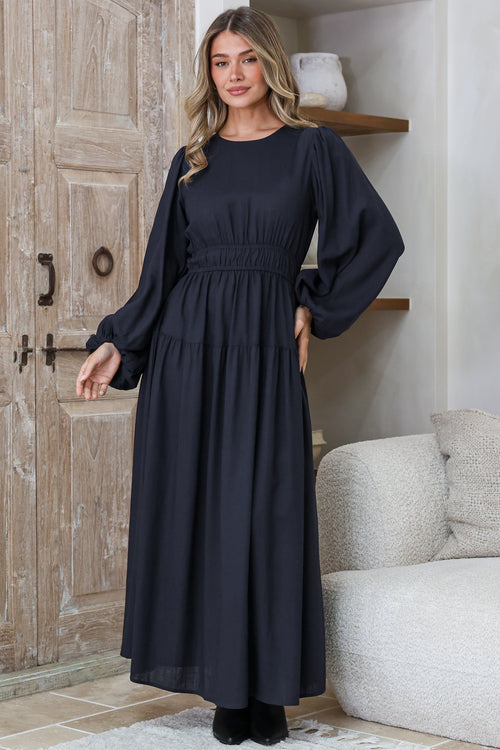 Sheyne Maxi Dress - Long Balloon Sleeve Elasicated Waist A Line Dress in Navy