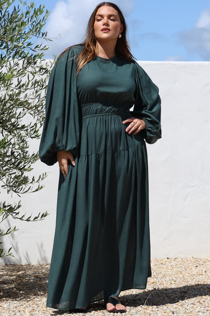 Sheyne Maxi Dress - Long Balloon Sleeve Elasicated Waist A Line Dress in Green