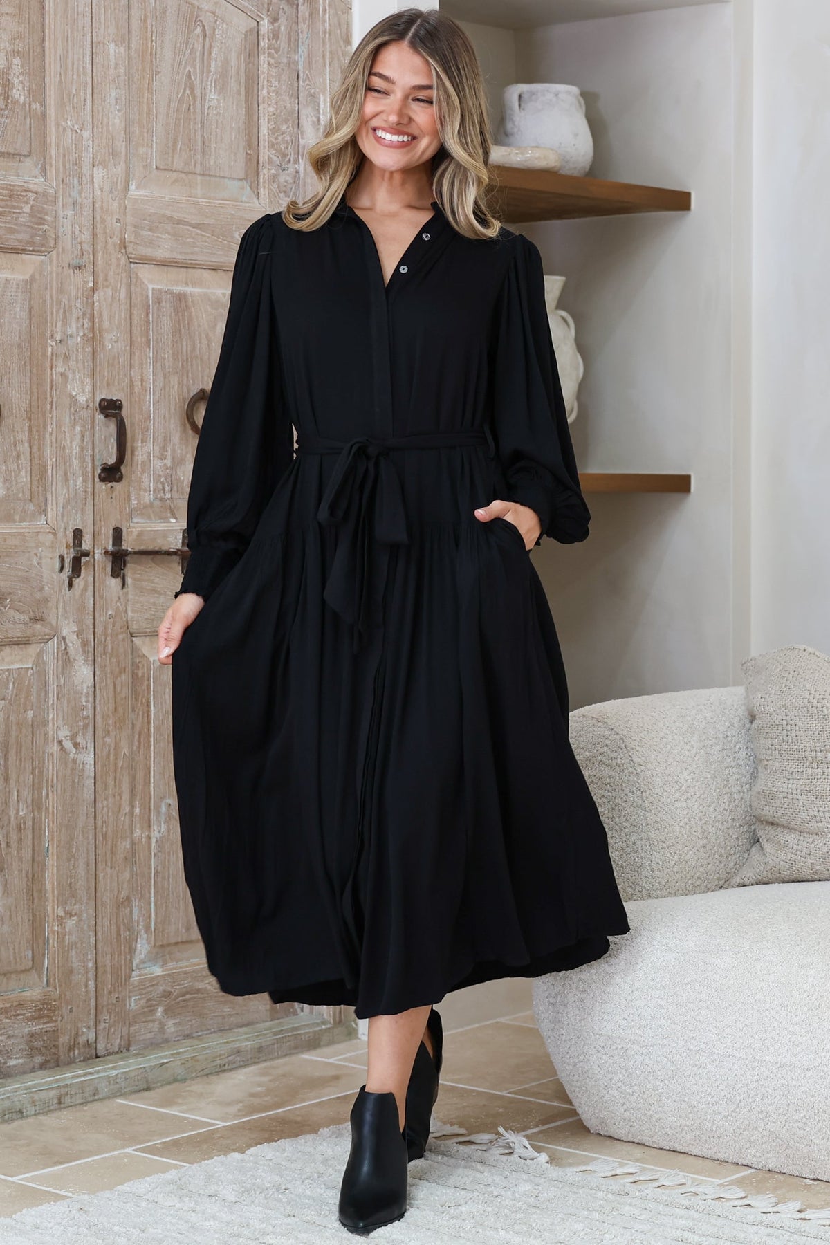 Skandi Midi Dress - Button Down Billow Sleeve Shirt Dress with Waist Tie in Black
