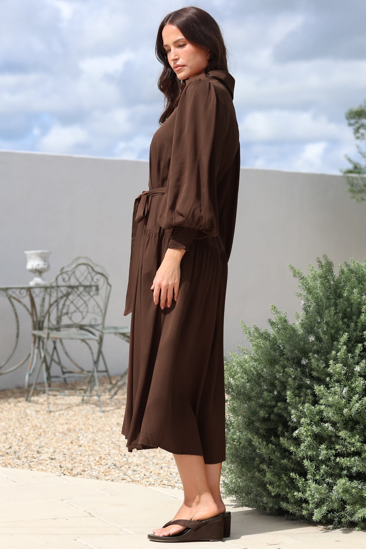 Skandi Midi Dress - Button Down Billow Sleeve Shirt Dress with Waist Tie in Chocolate