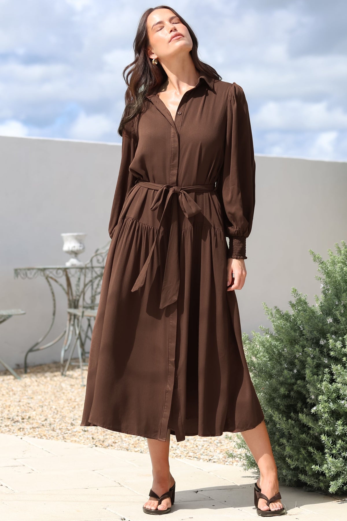 Skandi Midi Dress - Button Down Billow Sleeve Shirt Dress with Waist Tie in Chocolate