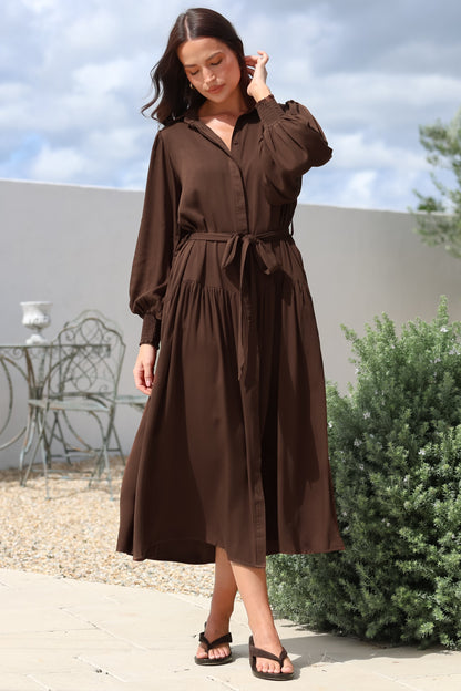 Skandi Midi Dress - Button Down Billow Sleeve Shirt Dress with Waist Tie in Chocolate