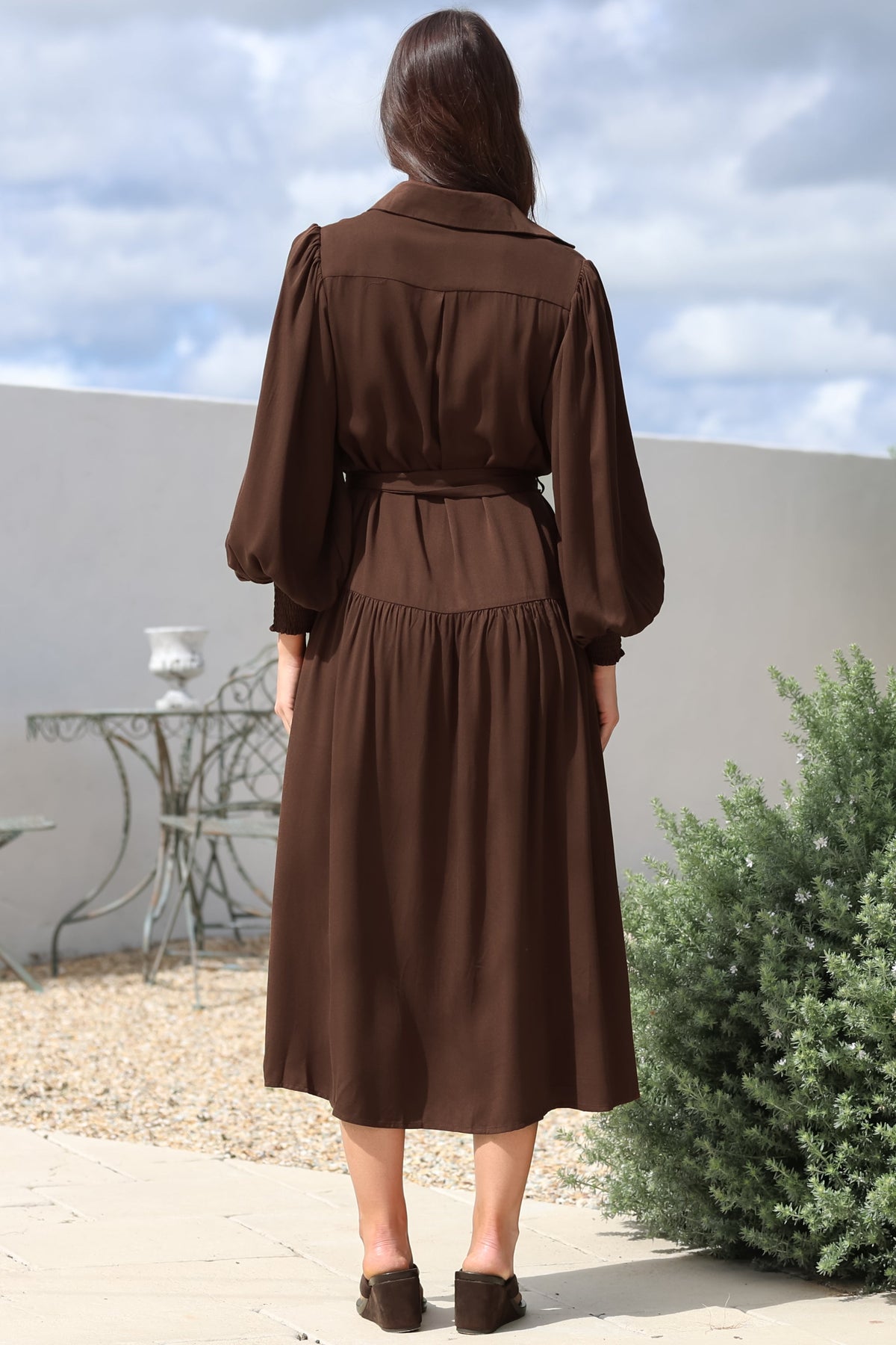 Skandi Midi Dress - Button Down Billow Sleeve Shirt Dress with Waist Tie in Chocolate