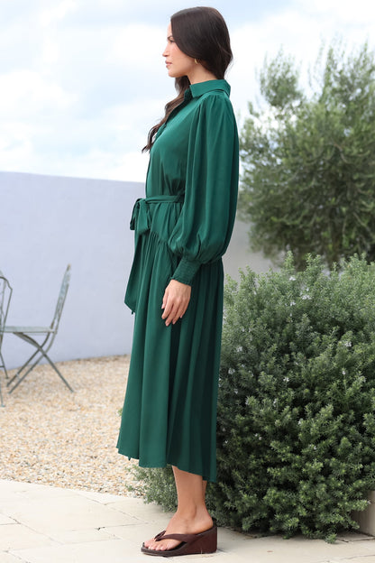 Skandi Midi Dress - Button Down Billow Sleeve Shirt Dress with Waist Tie in Emerald