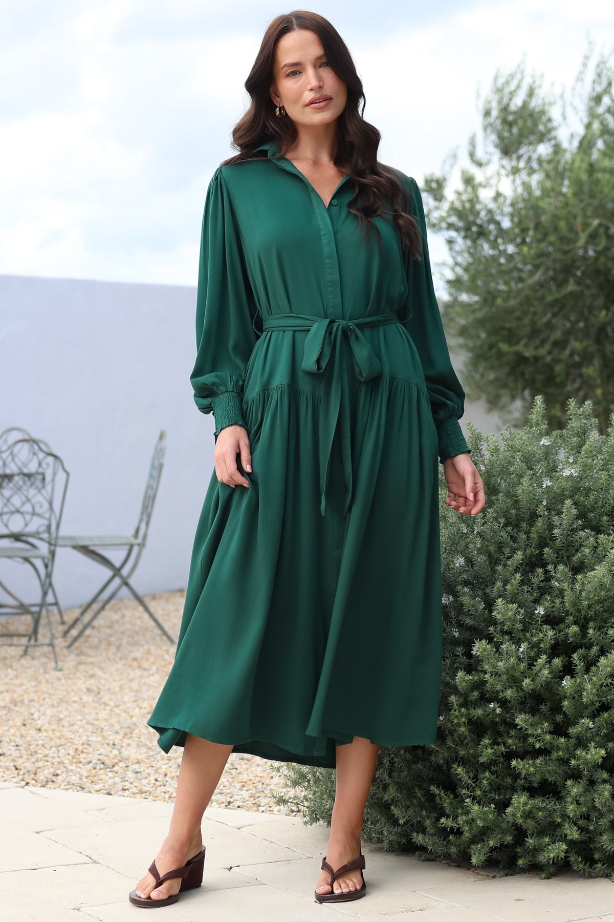 Skandi Midi Dress - Button Down Billow Sleeve Shirt Dress with Waist Tie in Emerald