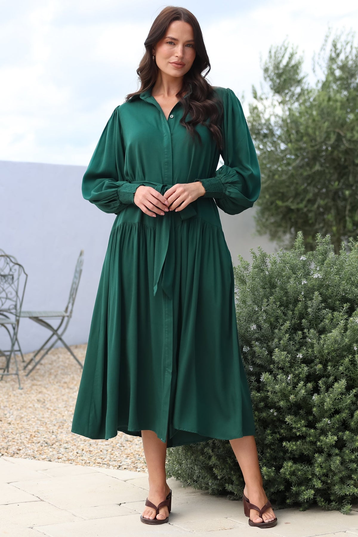 Skandi Midi Dress - Button Down Billow Sleeve Shirt Dress with Waist Tie in Emerald