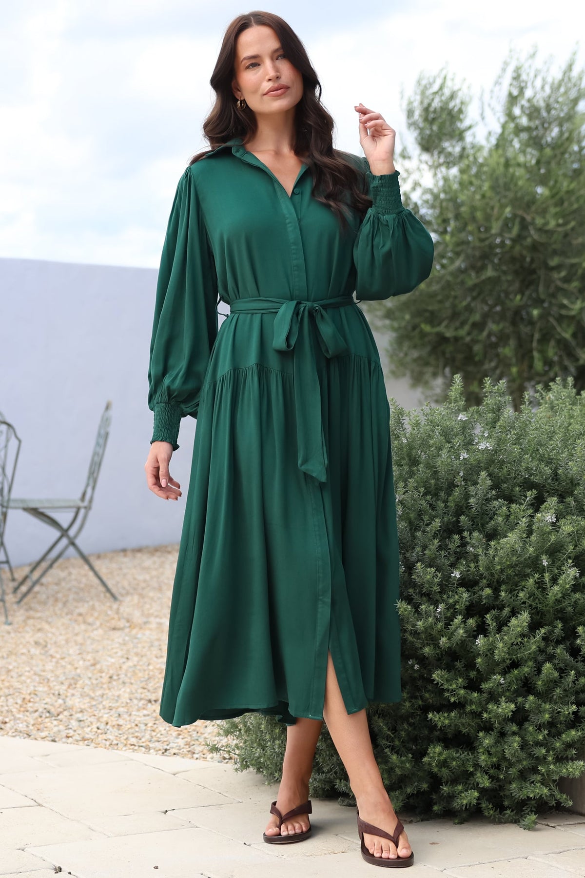Skandi Midi Dress - Button Down Billow Sleeve Shirt Dress with Waist Tie in Emerald