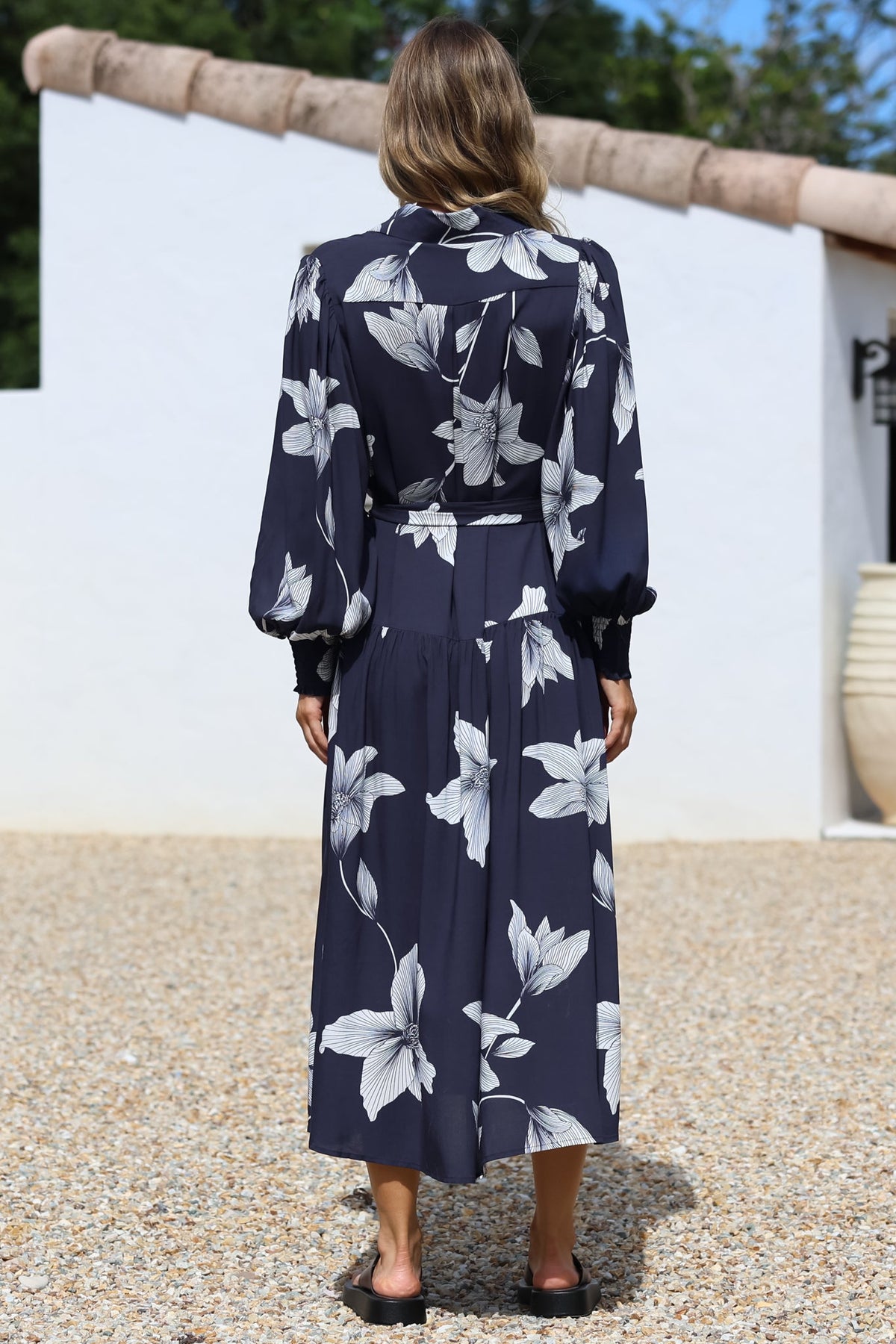 Skandi Midi Dress - Button Down Billow Sleeve Shirt Dress with Waist Tie in Midnight Lily Print