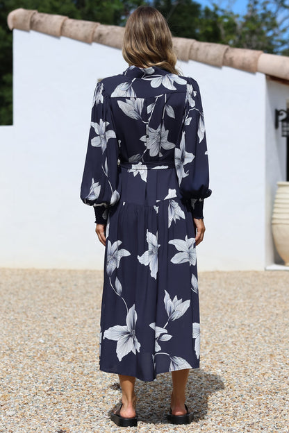 Skandi Midi Dress - Button Down Billow Sleeve Shirt Dress with Waist Tie in Midnight Lily Print