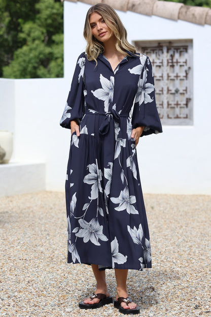 Skandi Midi Dress - Button Down Billow Sleeve Shirt Dress with Waist Tie in Midnight Lily Print