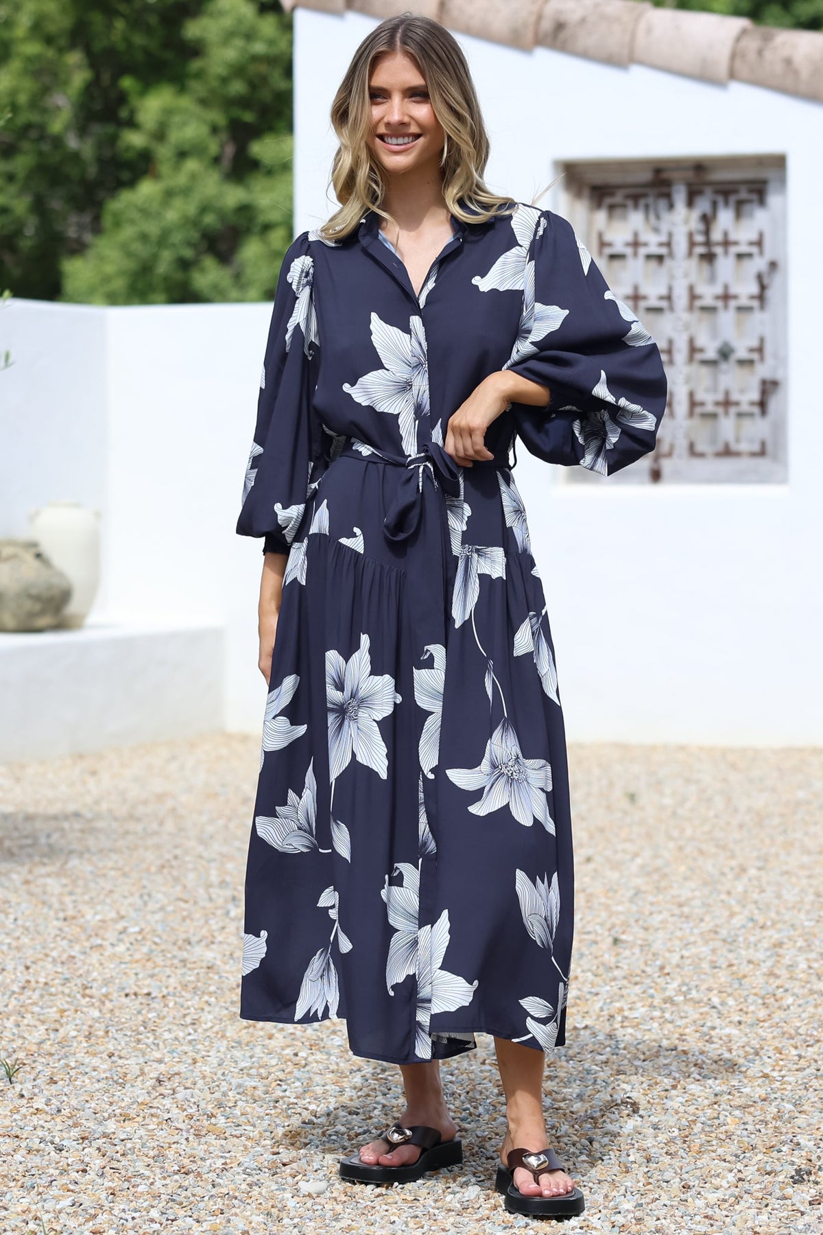 Skandi Midi Dress - Button Down Billow Sleeve Shirt Dress with Waist Tie in Midnight Lily Print