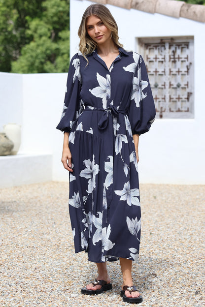 Skandi Midi Dress - Button Down Billow Sleeve Shirt Dress with Waist Tie in Midnight Lily Print