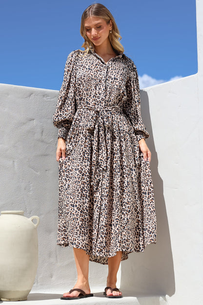 Skandi Midi Dress - Button Down Billow Sleeve Shirt Dress with Waist Tie in Perrie Print