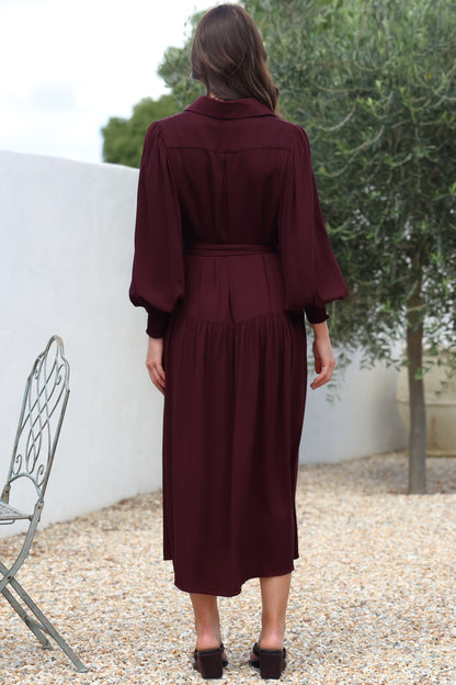 Skandi Midi Dress - Button Down Billow Sleeve Shirt Dress with Waist Tie in Wine