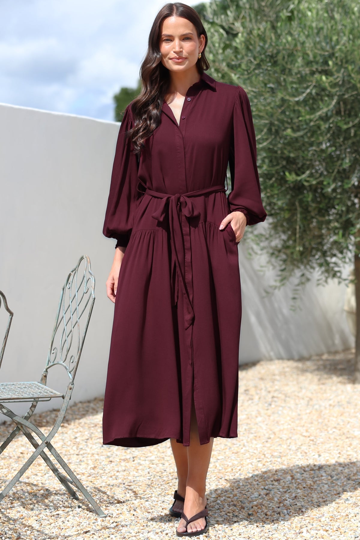 Skandi Midi Dress - Button Down Billow Sleeve Shirt Dress with Waist Tie in Wine