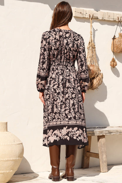 Soho Midi Dress - V Neck Button Down Tiered Dress with Pockets in Villa Print
