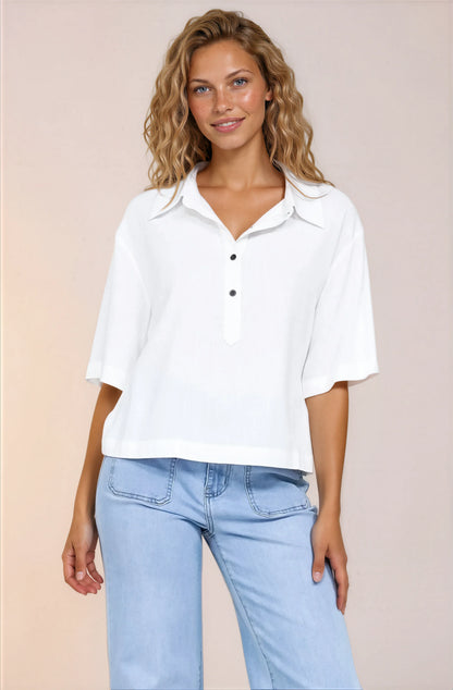 Solana Top - Collared Buttoned Neckline Boxy Tee in White