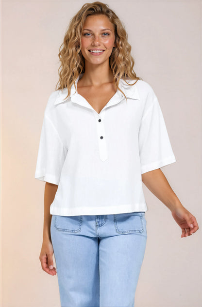Solana Top - Collared Buttoned Neckline Boxy Tee in White