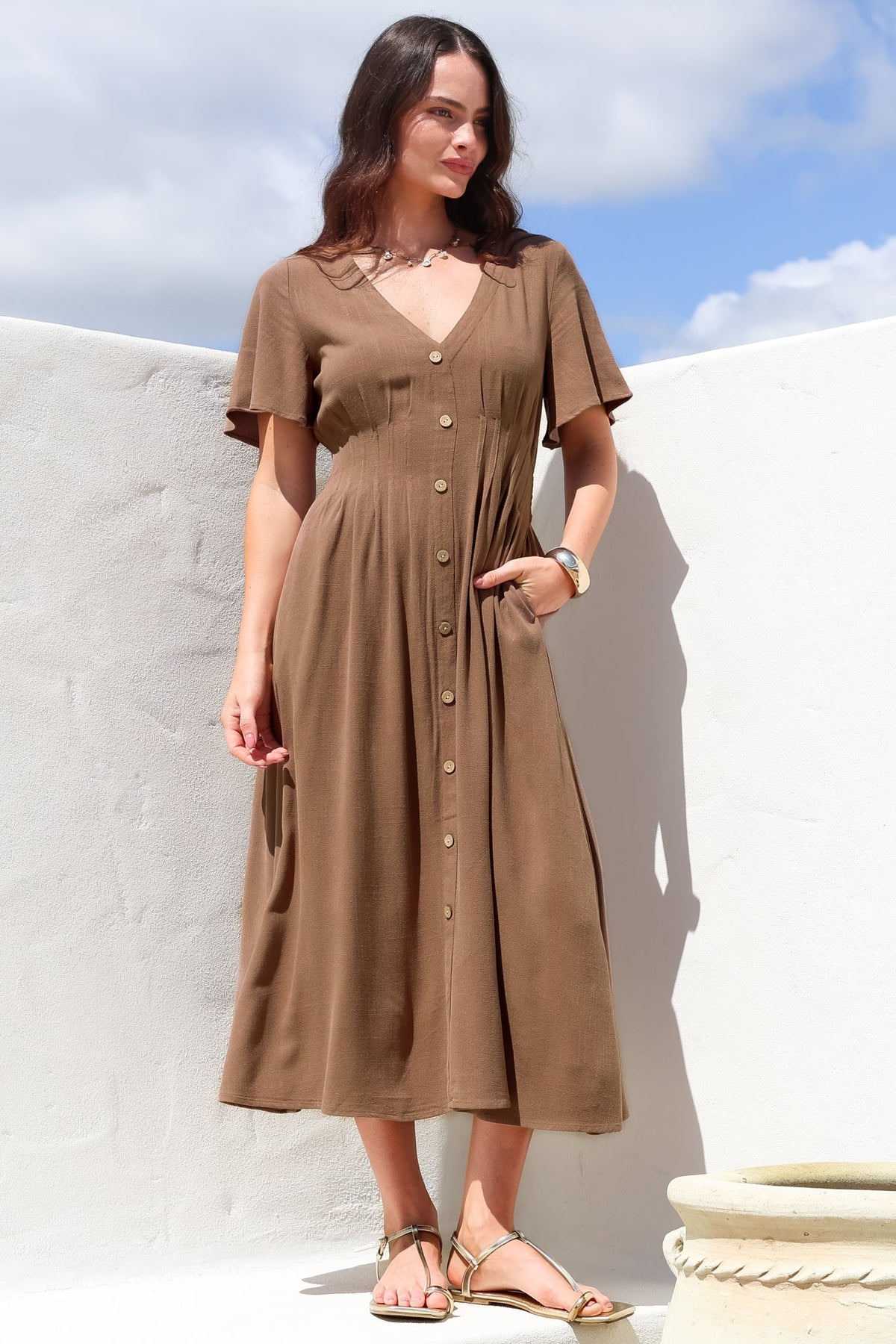 Stellar Midi Dress - Flutter Sleeve A-Line Dress with Pin Tuck Waist Detail in Chocolate