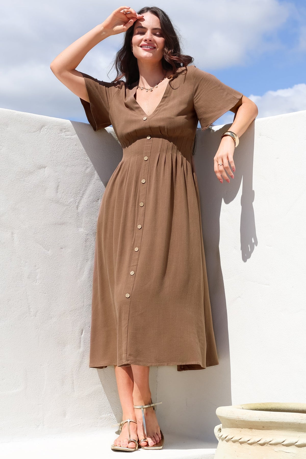 Stellar Midi Dress - Flutter Sleeve A-Line Dress with Pin Tuck Waist Detail in Chocolate