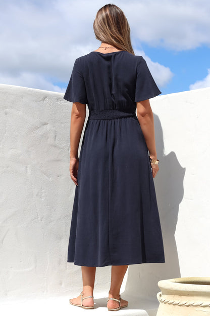 Stellar Midi Dress - Flutter Sleeve A-Line Dress with Pin Tuck Waist Detail in Navy