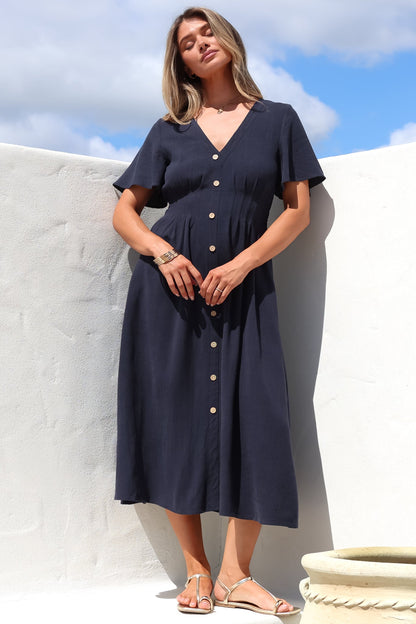 Stellar Midi Dress - Flutter Sleeve A-Line Dress with Pin Tuck Waist Detail in Navy