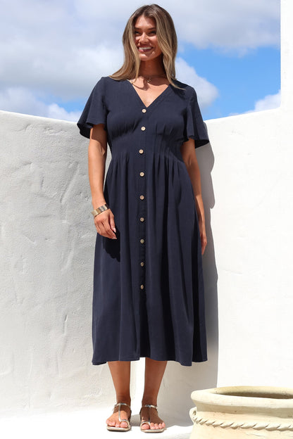 Stellar Midi Dress - Flutter Sleeve A-Line Dress with Pin Tuck Waist Detail in Navy