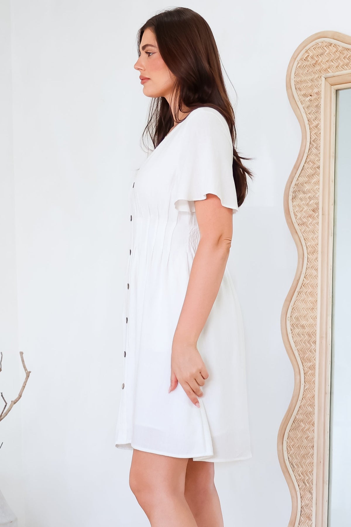 Stellar Mini Dress - Flutter Sleeve A-Line Dress with Pin Tuck Waist Detail in White