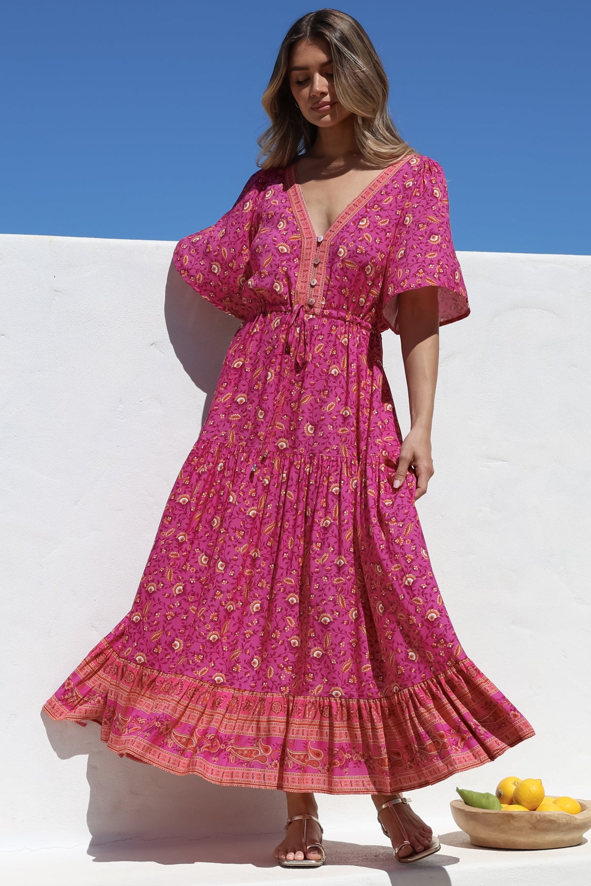 Tassia Maxi Dress - Buttoned Bodice Pull Tie Waist Dress in Quinne Print