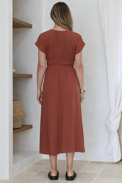 Torin Midi Dress - Gathered and Piping Detailed A-Line Dress with a V-Neckline in Rust