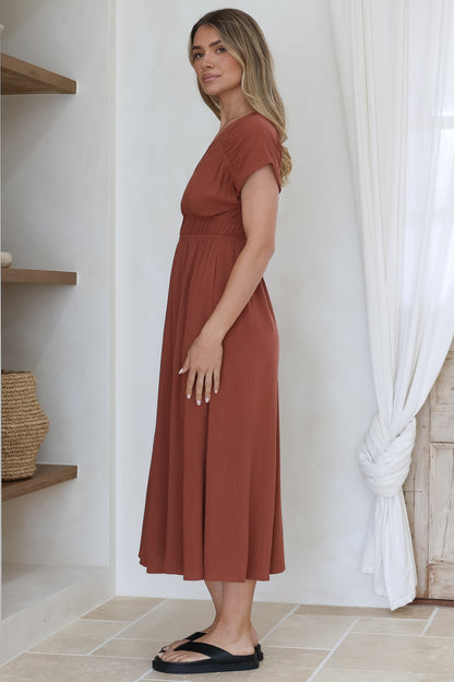Torin Midi Dress - Gathered and Piping Detailed A-Line Dress with a V-Neckline in Rust
