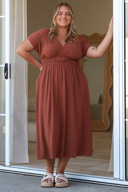 Torin Midi Dress - Gathered and Piping Detailed A-Line Dress with a V-Neckline in Rust