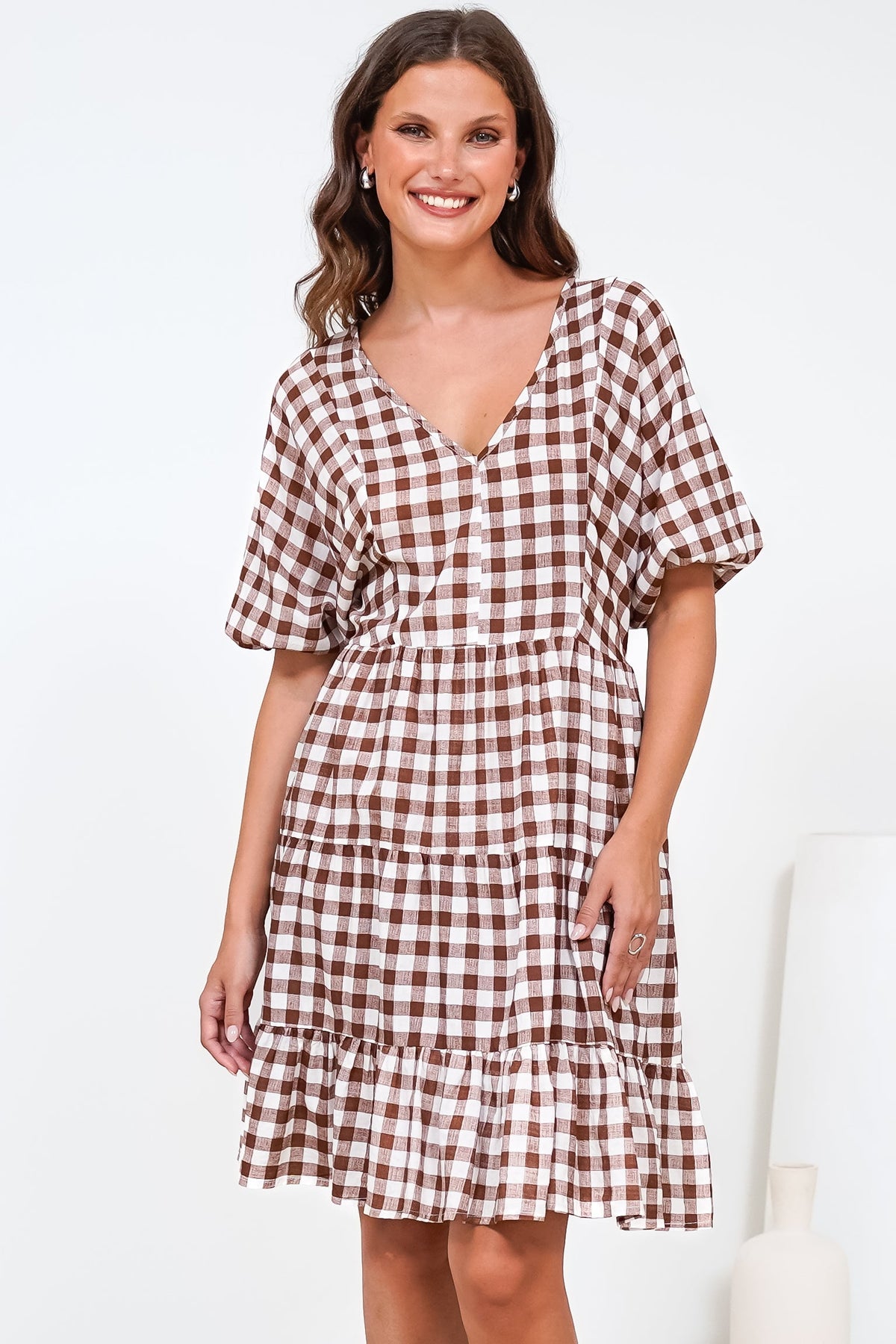 Treyshelle Mini Dress - V-Neck Puff Sleeve Tiered Dress in Gingham Brown