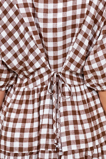 Treyshelle Mini Dress - V-Neck Puff Sleeve Tiered Dress in Gingham Brown